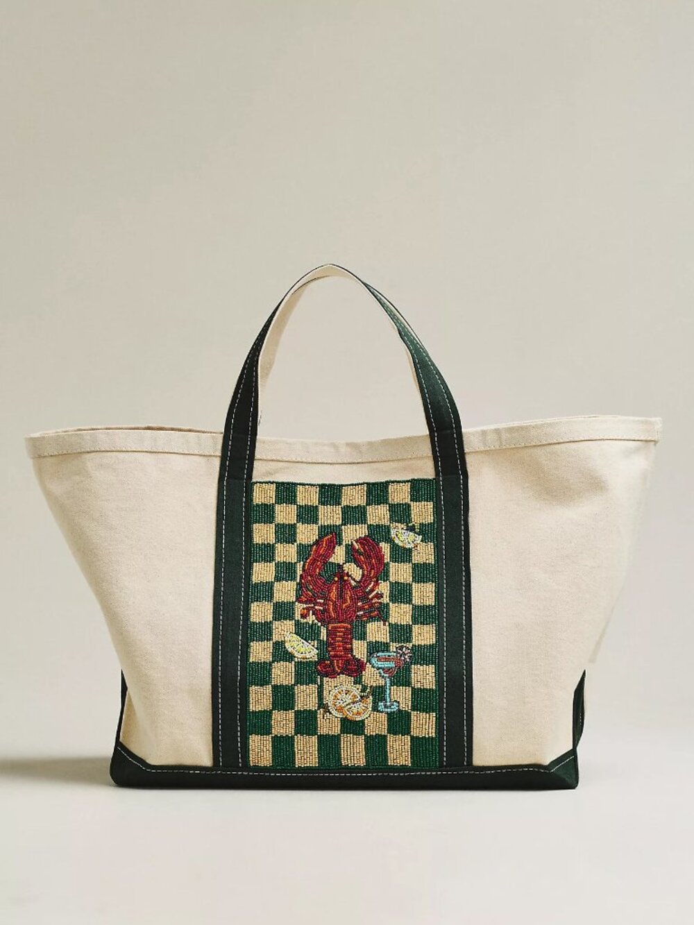 Anthropologie Celandine Hartley Large Canvas Tote Green Check Lobster